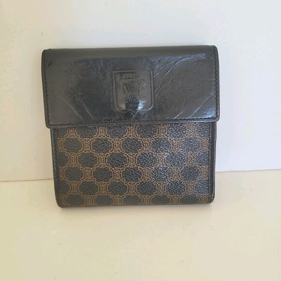 Celine Macadam Vintage Wallet Purse Leather Black Bifold Medium Compact Logo - Picture 1 of 13